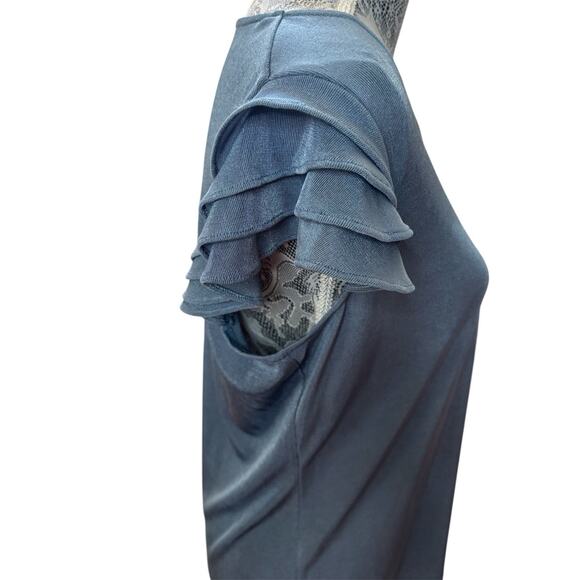 Adrianna Papell Womens Blouse Size M Blue Flutter Wing Ruffle Layer Short Sleeve - Picture 2 of 3